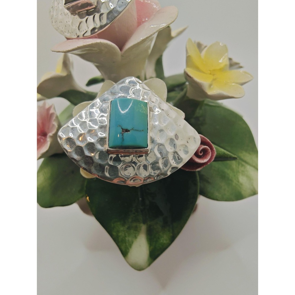 Vintage J. Yates Silver Hammered‎ Triangle Turquoise large earrings. Rare find.